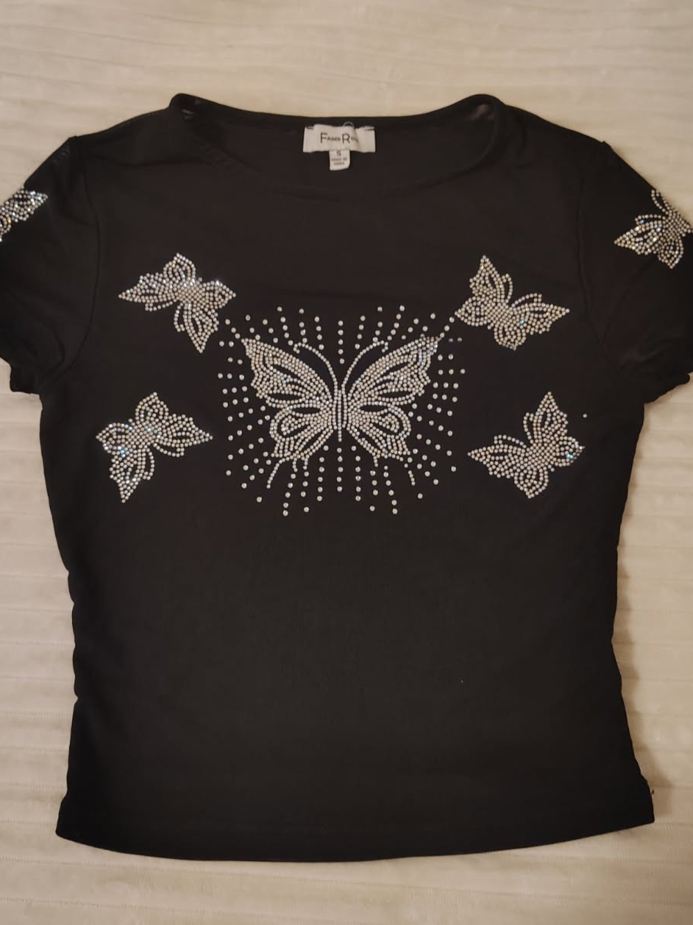 Y2K Black Short Sleeve Rhinestone Butterfly Tee